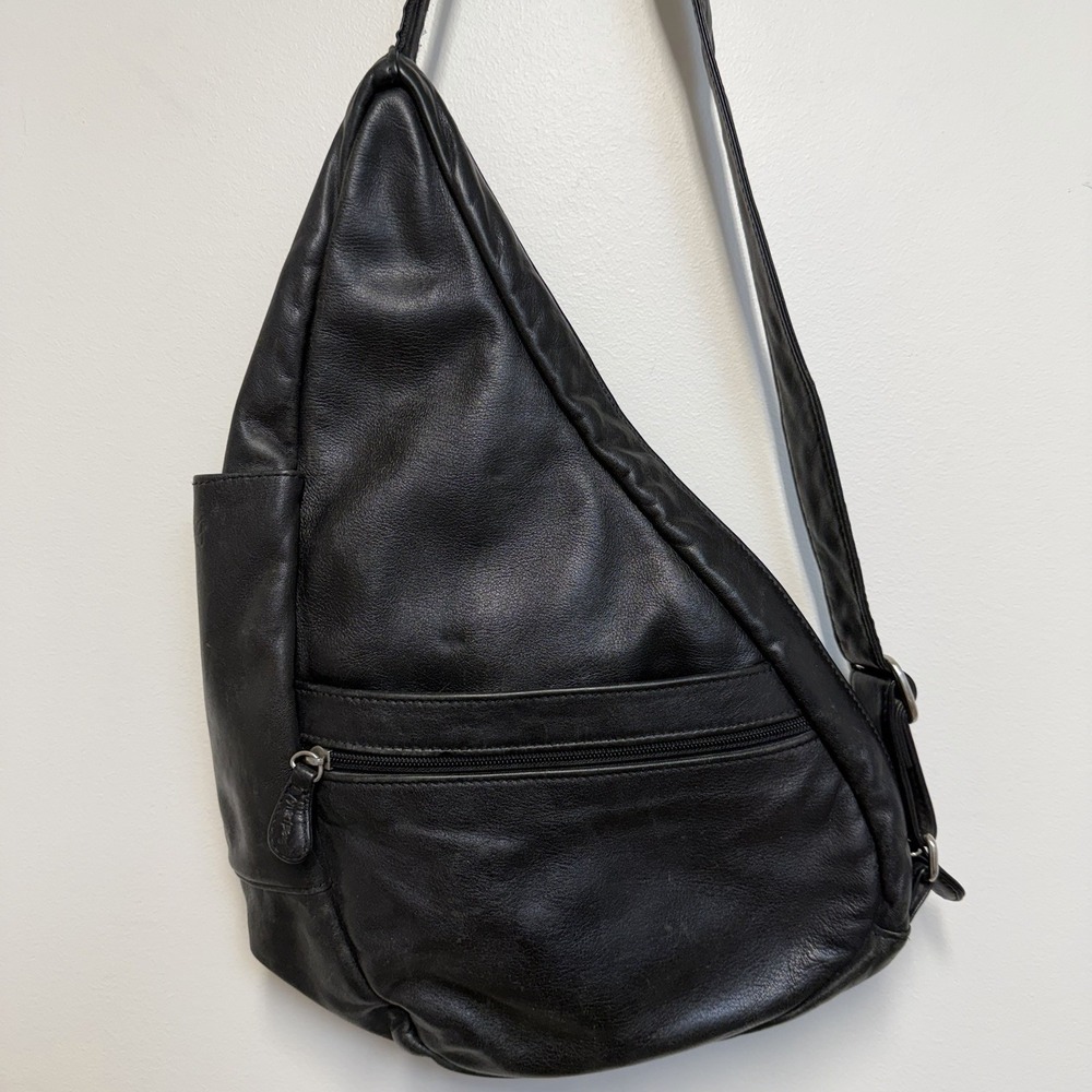 Ameribag Black Leather Healthy Back Sling Backpack Shoulder Bag Crossbody Purse